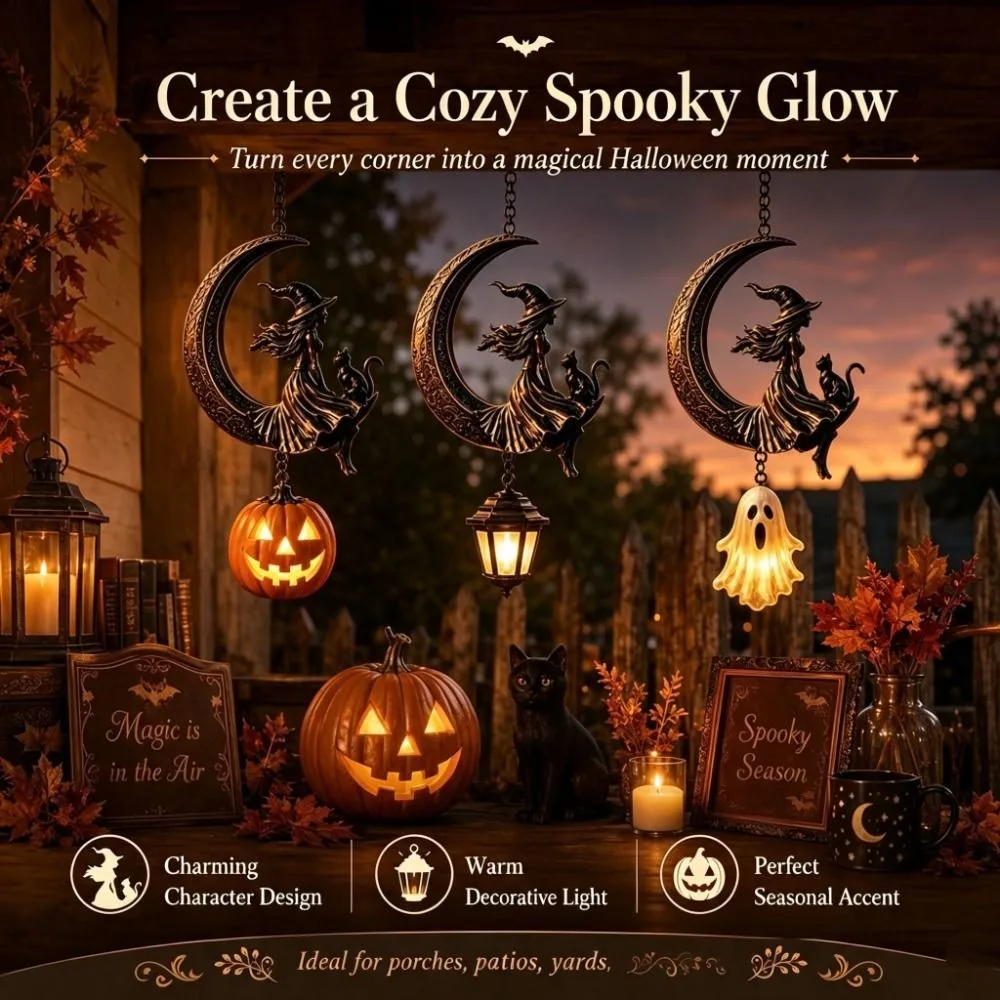 Solar Powered Moon Witch Lantern Vintage Durable Metal Solar Halloween Moon Lamp Wall Mount LED Outdoor Solar Lantern Garden