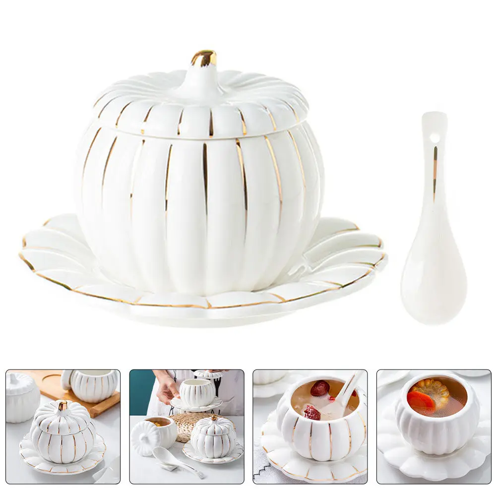 1Set Pumpkin Shaped Ceramic Stew Bowl with Lid for Steaming Eggs Rice Soup Serving Desserts Microwave Oven Refrigerator Safe
