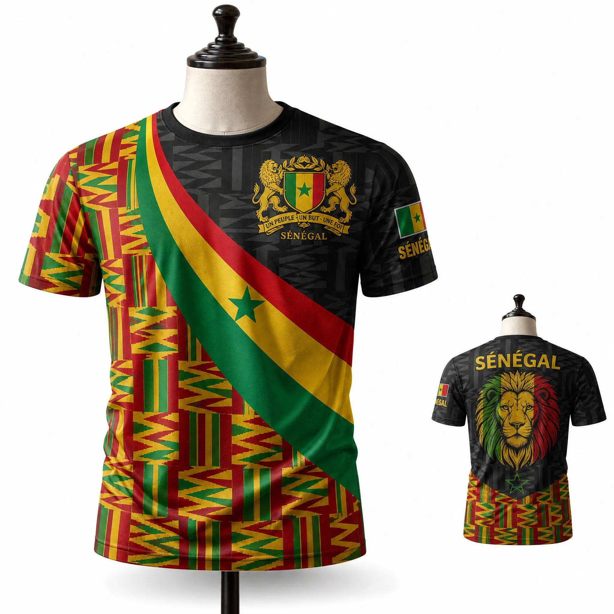 Senegal Mens Kente Sash Lion Crest Graphic Tee Black Short Sleeve Fan Shirt Street Stadium Casual National Pride Top Travel Wear