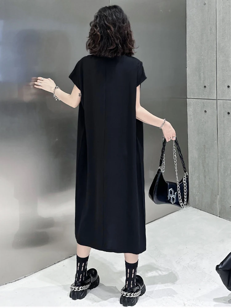 [EAM] Women Black Brief Thin Hem Slit Casual Big Sie Midi Dress New V-Neck Sleeveless Fashion Tide Spring Summer 2024 1DH5029