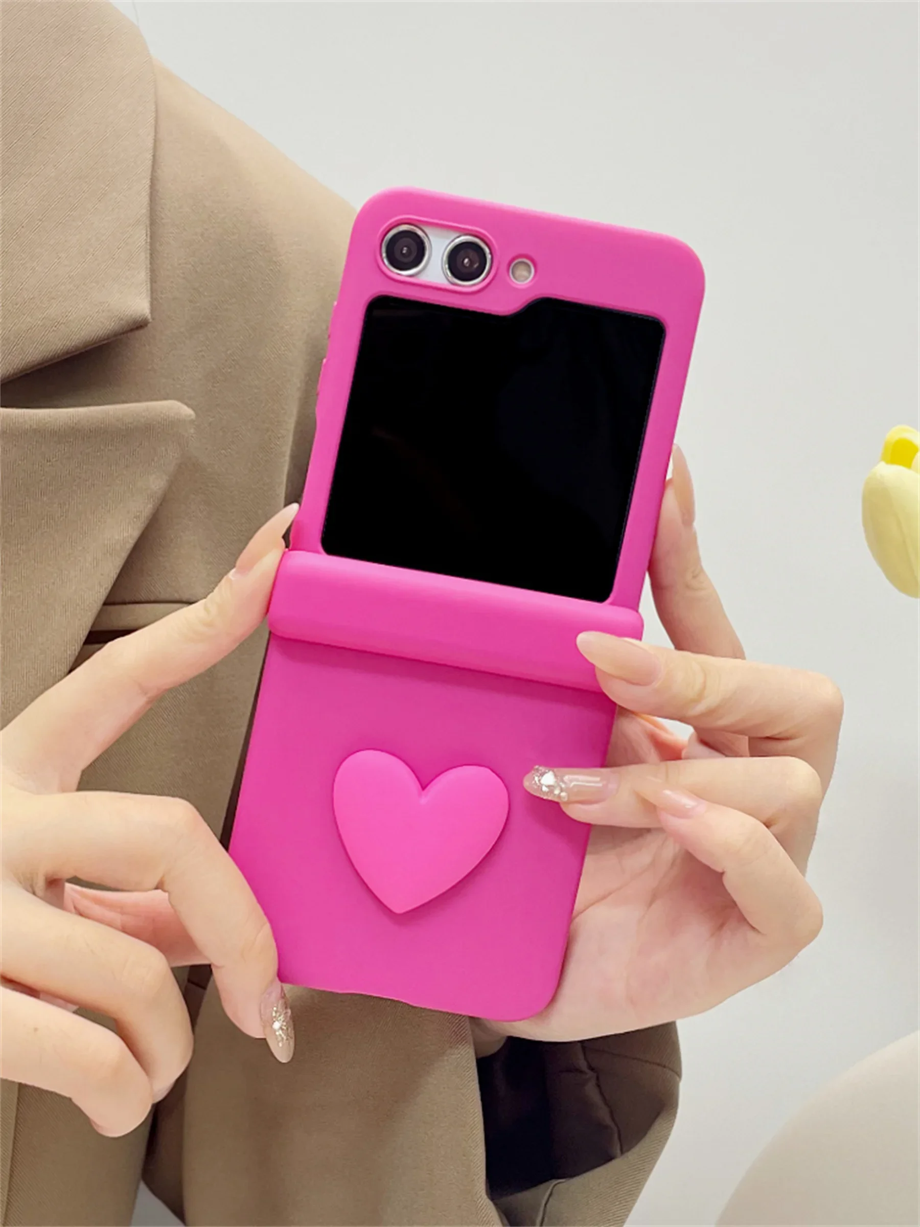 Cute 3D Love Heart Solid Color Phone Case for Samsung Galaxy Z Flip5 5G Z Flip6 Flip3 Flip4 Zflip5 Shockproof Cover