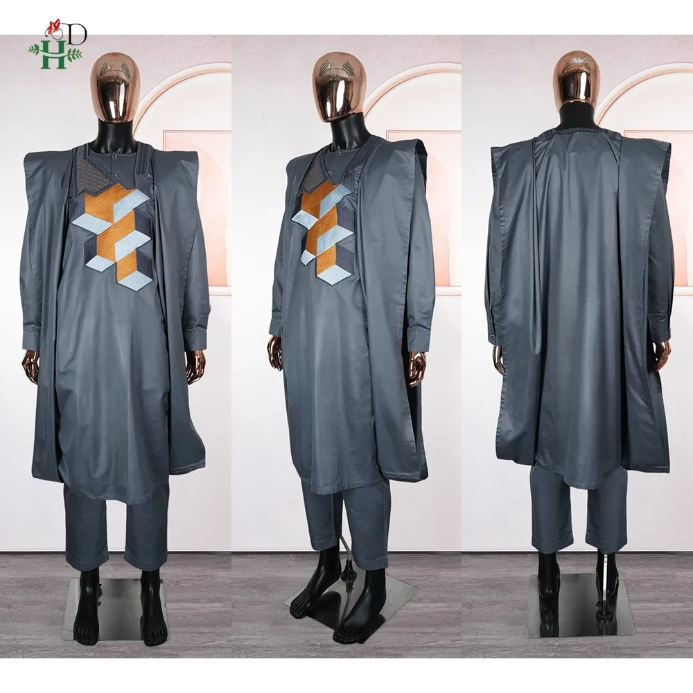 H&D South African Traditional Wear Formal Attire Bazin Riche Dashiki Gray Shirt Pants Robe Suit Agbada Men\'s wedding party 2024