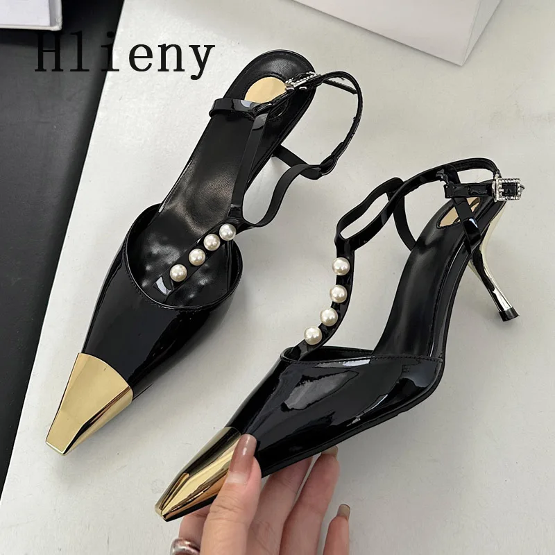 Hlieny Strange Style Stiletto Sandal Sexy Metal Pointed Toe Pearls Strap Buckle Designer High Heels Party Prom Shoes Women Pumps