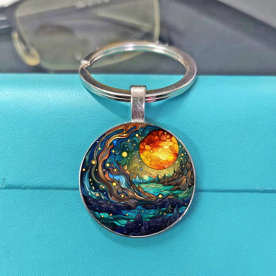 Stylish Refined Colorful Nightscape Keychain Vibrant Retro Galaxy Motif All-match Men Women Accessory