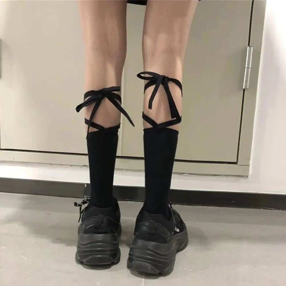 Ladies Tide Socks Korean Japanese Version Cross Black Bow Tie Leggings Middle Tube Sock Calf Summer Thin Kawaii Stockings Носки