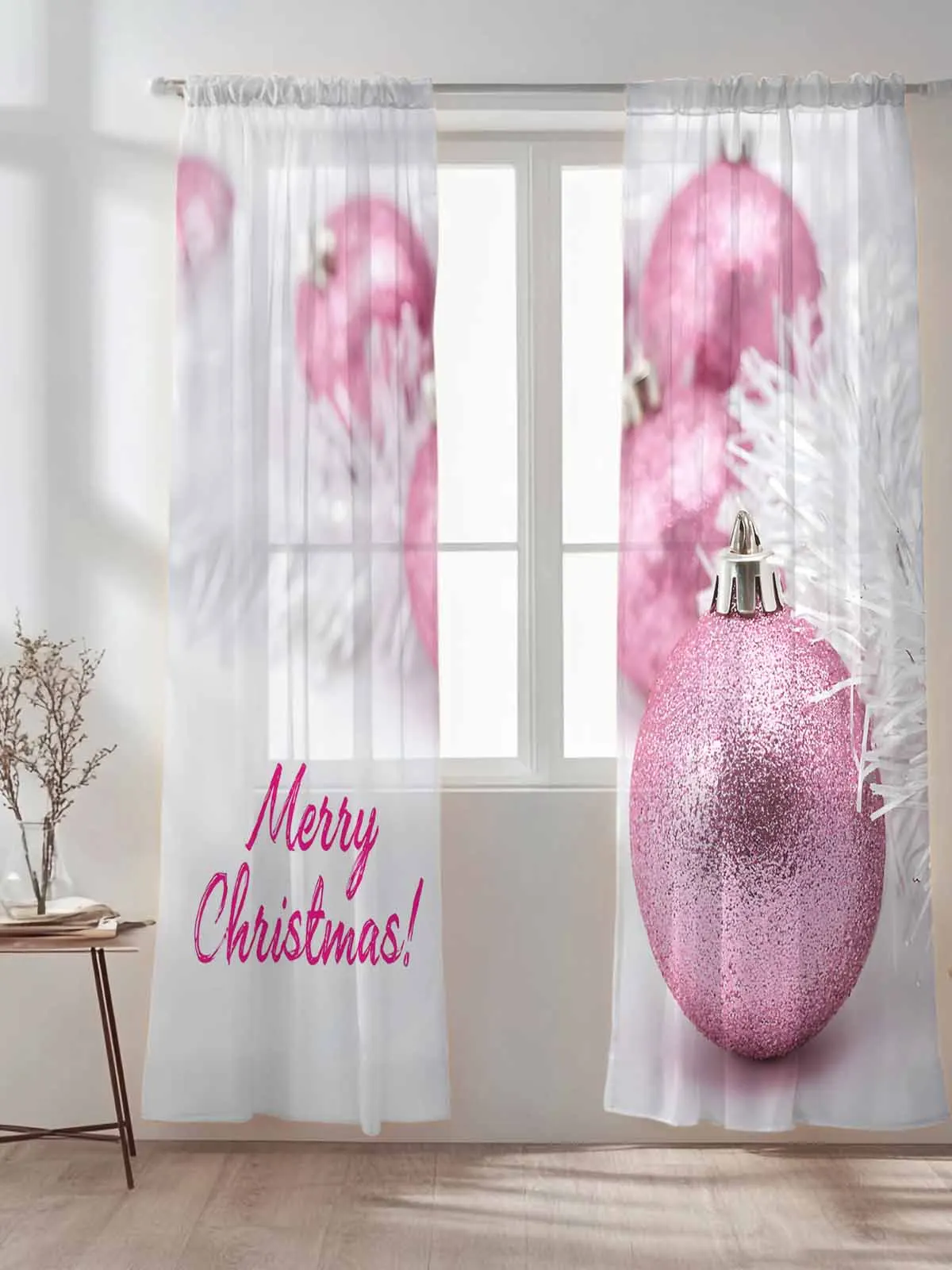 Cortinas transparentes de tul con bola brillante de color rosa navideño para sala de estar, dormitorio, cocina, decoración, cortinas de gasa de Organza