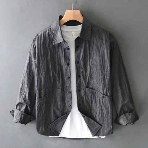 Imagen 2 del producto Camisa plisada de manga larga de color sólido de estilo retro para hombres camisa holgada informal con solapa abrigo