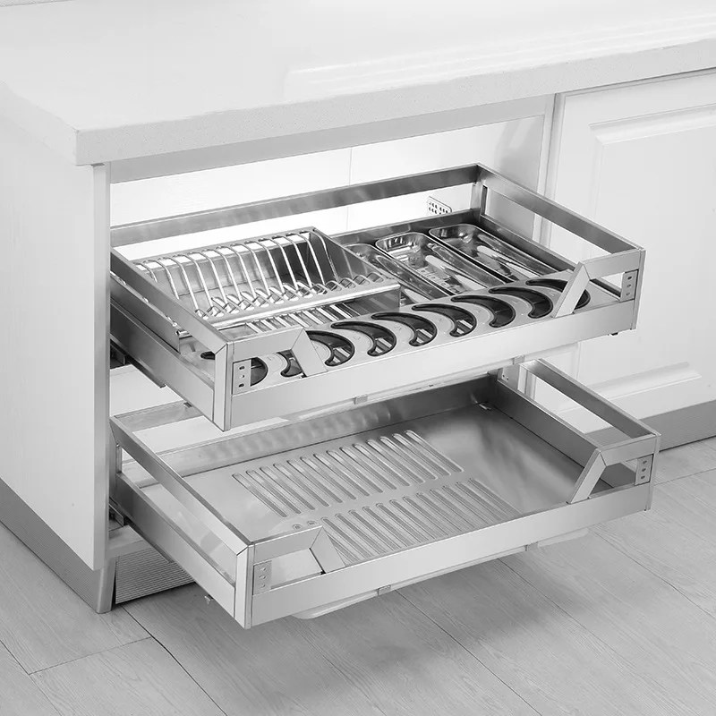 Stainless steel pull basket double layer kitchen dish basket drawer type kitchen cabinet bowl rack