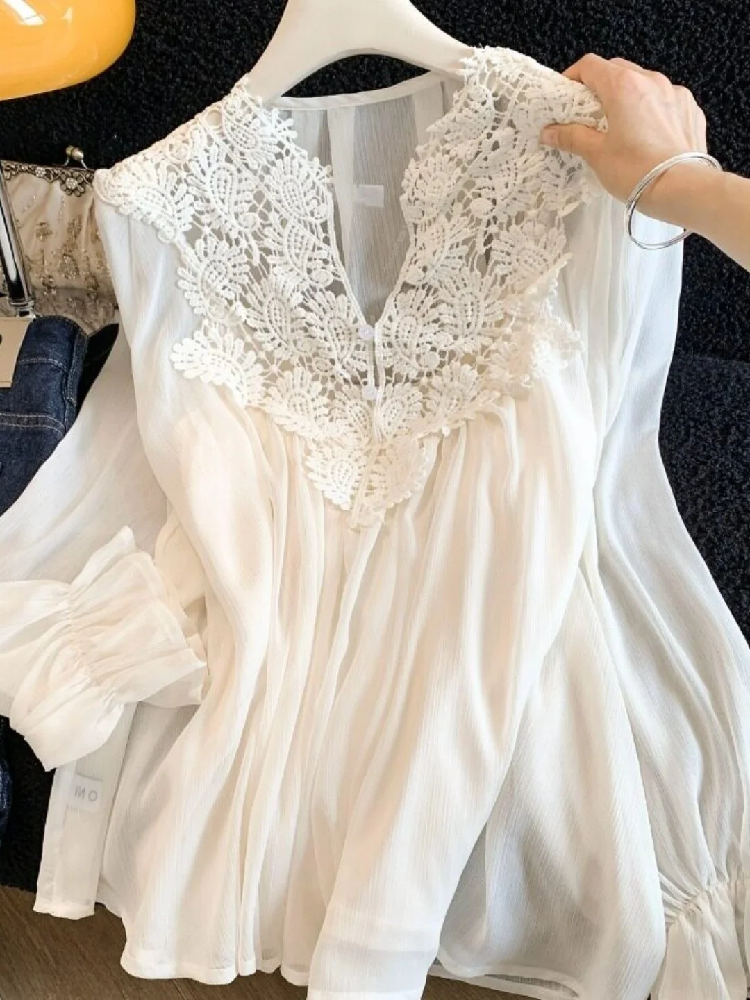 

V-Neck Long Sleeve Chiffon Lace Trim Loose Top Bottom Set Women's Spring New Style High Quality Elegant Loose Fit Blouse