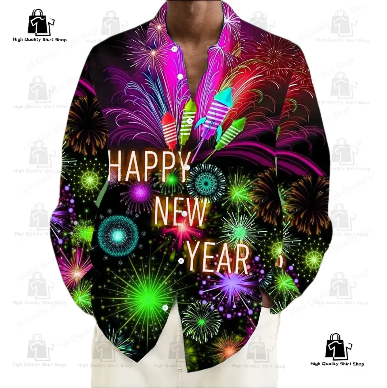 

Christmas shirt fireworks graphic men's shirt high-definition design fashionable breathable long sleeved shirt button design