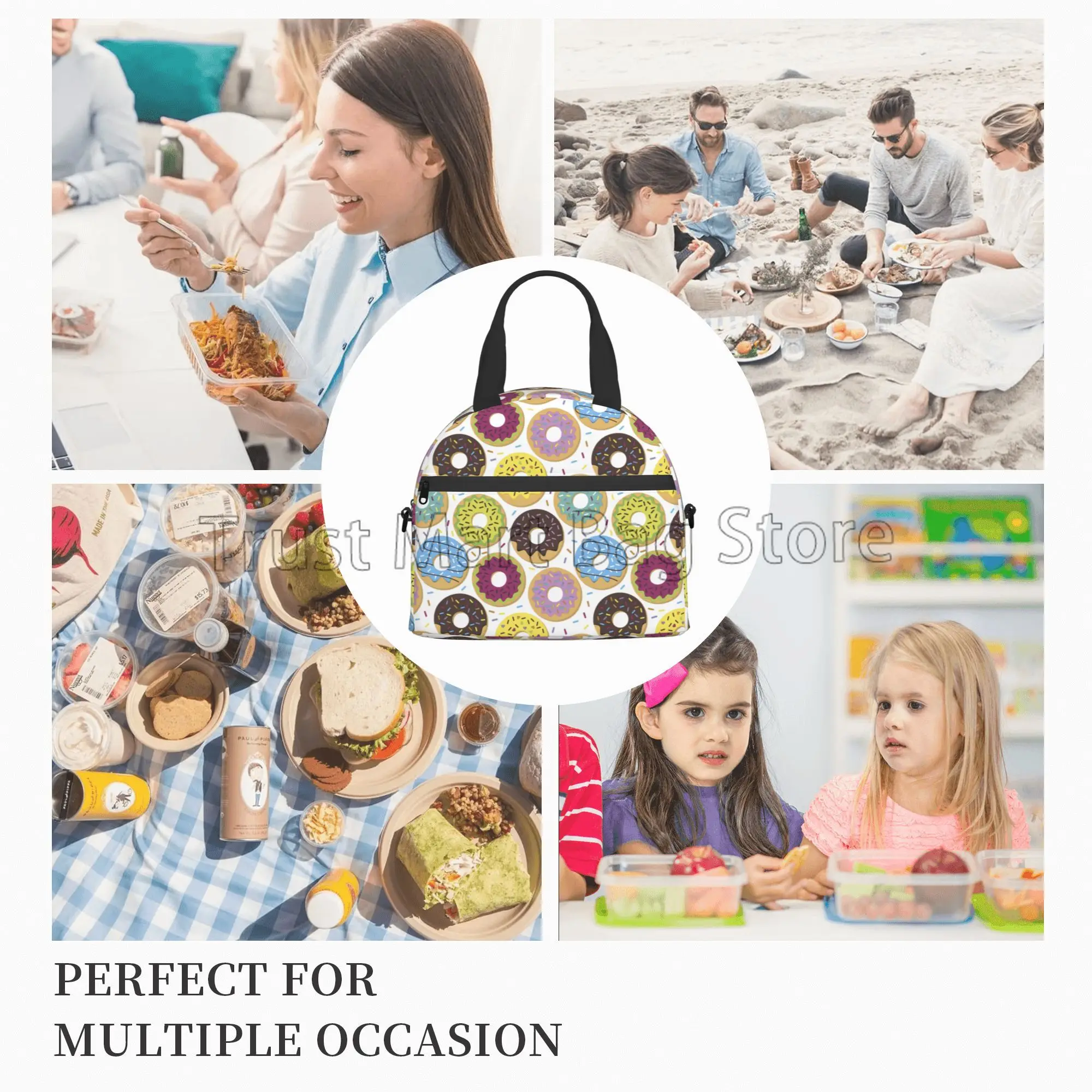 Colorful Donut Insulated Lunch Bag Reusable Portable Cooler Thermal Lunch Bento Box with Adjustable Strap for Picnic Beach Work