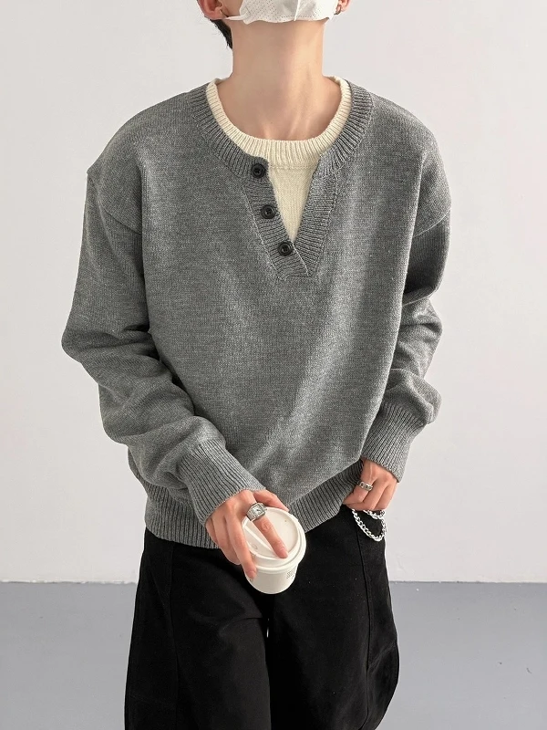 

Loose Casual Korean Sle Men's Knitted Sweater Fake Two-Piece Henry Collar ey Sweatirt Warm Long Sve Autumn Winter New