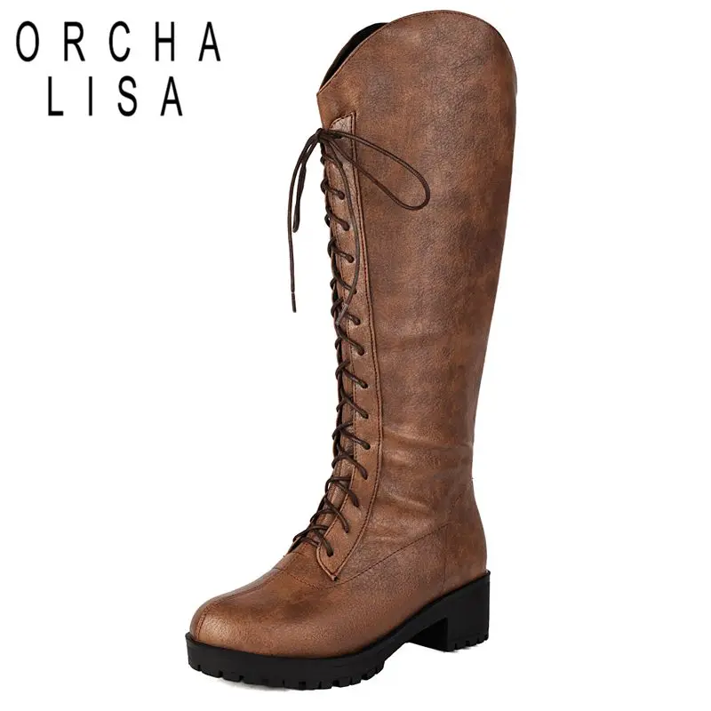 

ORCHA LISA 2025 Ретро женские сапоги для верховой езды с круглым носком на толстом каблуке 4,5 см на шнуровке размера плюс 44 45 46 Повседневные сапоги до колена для отдыха