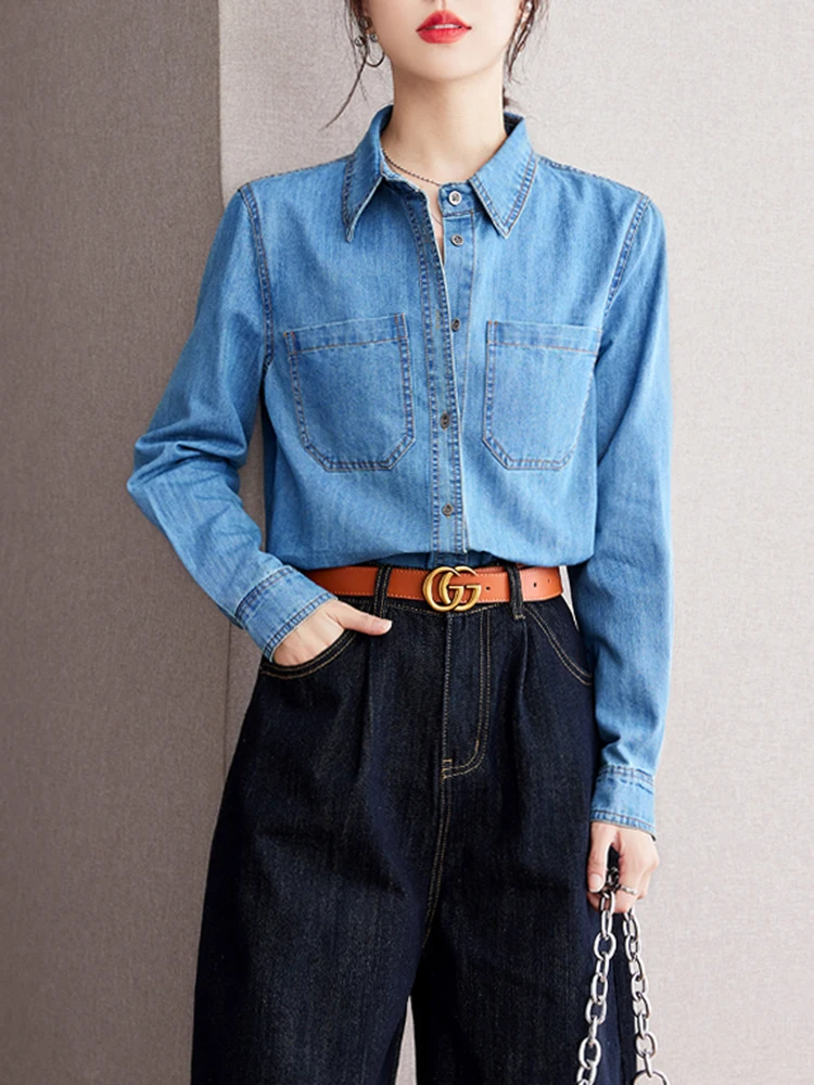 Vintage Washed Denim Shirt Women 2024 New Fashion Commuting Loose Long Sleeve Button Shirts Casual Versatile Blouses