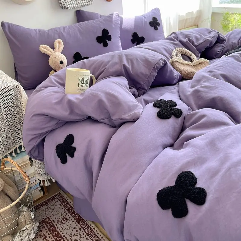 Purple Bedding Set Soft with Bow Applique Grey Pink Duvet Cover Flat Sheet Pillowcase Single Double Queen Size Boys Girls Gift
