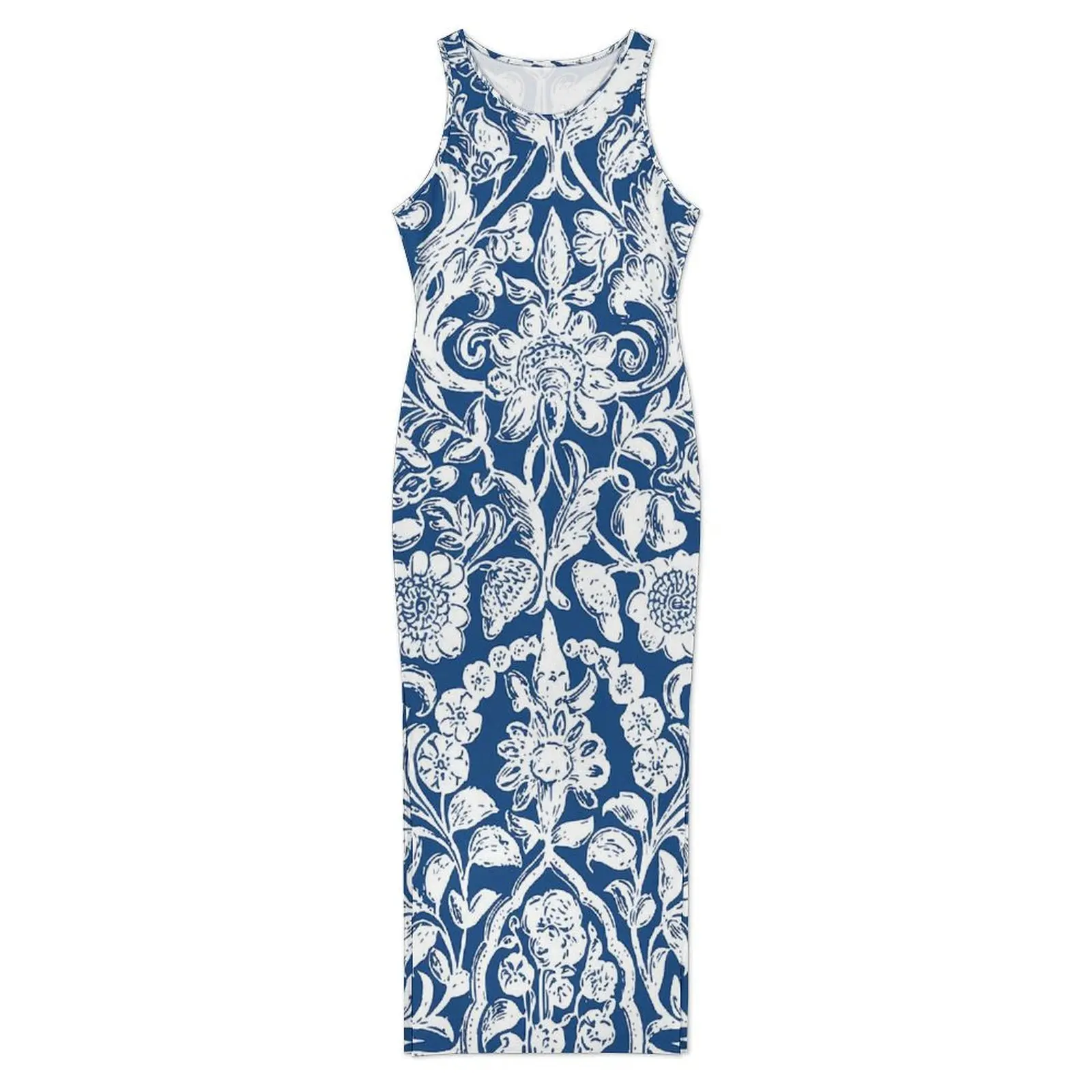 Antique Floral Dress Sleeveless Blue And White Casual Y2k Maxi Dresses Elegant Bodycon Dress Women Design Oversized Clothes