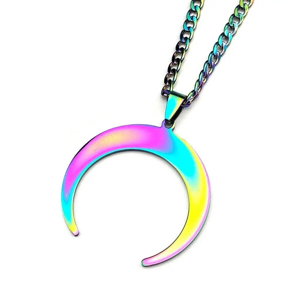 Edgy Witch Halbmond-Kette für Damen und Herren, Edelstahl, Regenbogenfarben, coole Mode, Party, Hip-Hop, Punk-Halskette, Schmuck, Geschenke