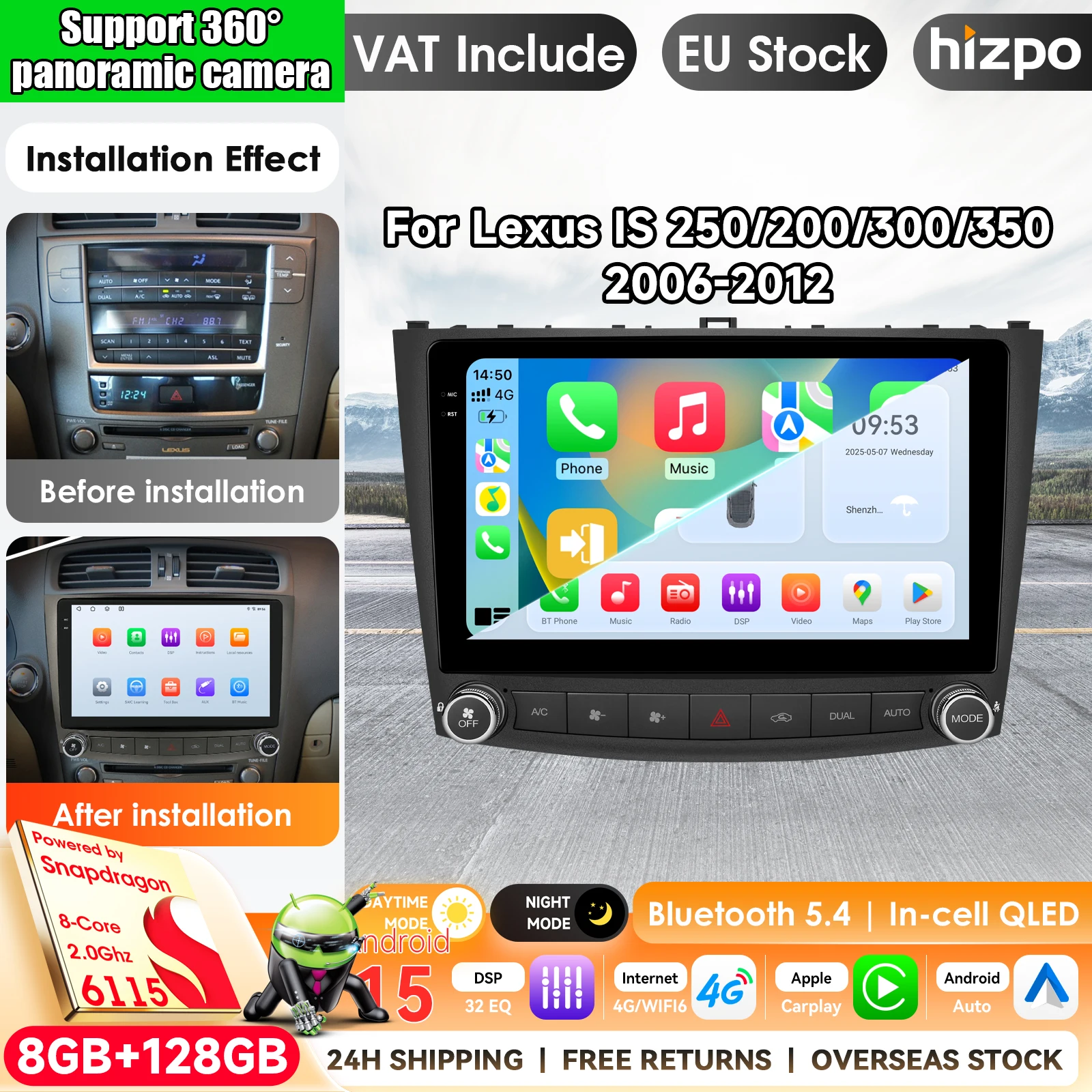 Android 15 Autoradio für Lexus IS250 IS300 XE20 IS220 IS350 2005 - 2012, kabelloses Carplay, Auto-BT-Videoplayer mit Qualcomm QLED DSP, Touchscreen, Stereo-Videoplayer, 2-DIN-Autoradio, Navigation,