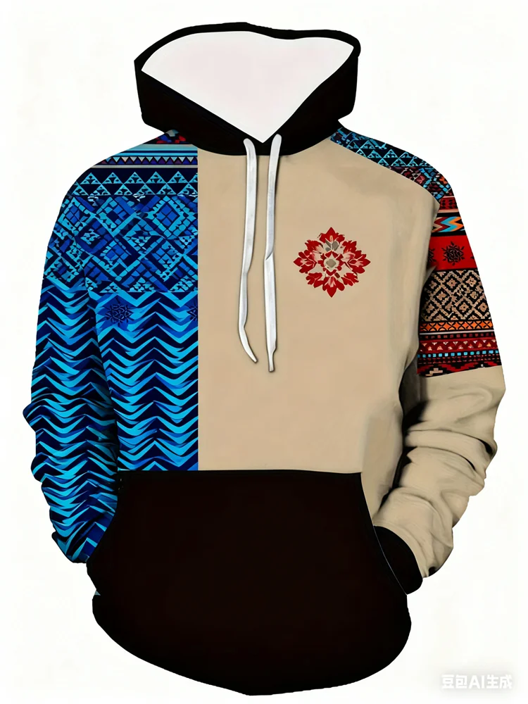 الخريف هوديي للرجال ثلاثية الأبعاد نمط العرقية المرقعة ملابس منقوشة بكم طويل البلوز الملابس موضة الشارع كنزة بمقاس كبير القمم