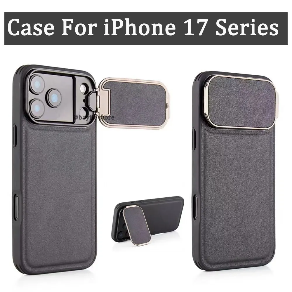 

Leather Case for iPhone 17 Pro Max Luxury Back Cover Metal Flip Bracket Protection Full Camera Lens Shockproof