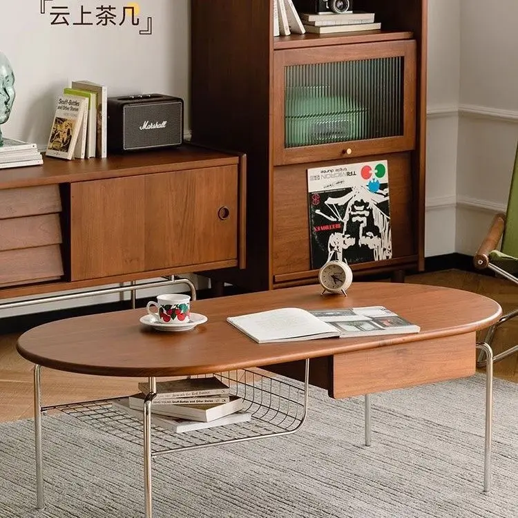Second-hand black coffee table oval retro stainless steel living room small apartment tea table simple Japanese style
