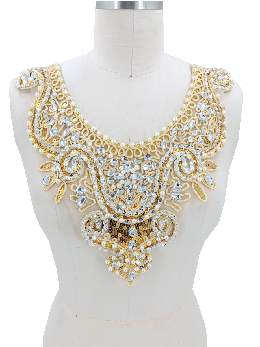 Golden lace applique with silver beads rhinestones patches 30*29cm for dress accessory