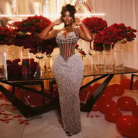 Luxurious Pearls Lace Evening Dresses African Birthday Dress Aso Ebi Sparkle Beaded Wedding Reception Dress Party Gown Custom