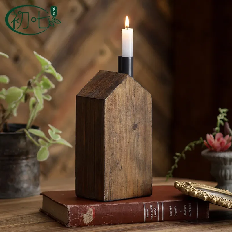 Solid Wood Small House Candle Holder Antique Wooden Ornament for Wedding Festival Home Decor
