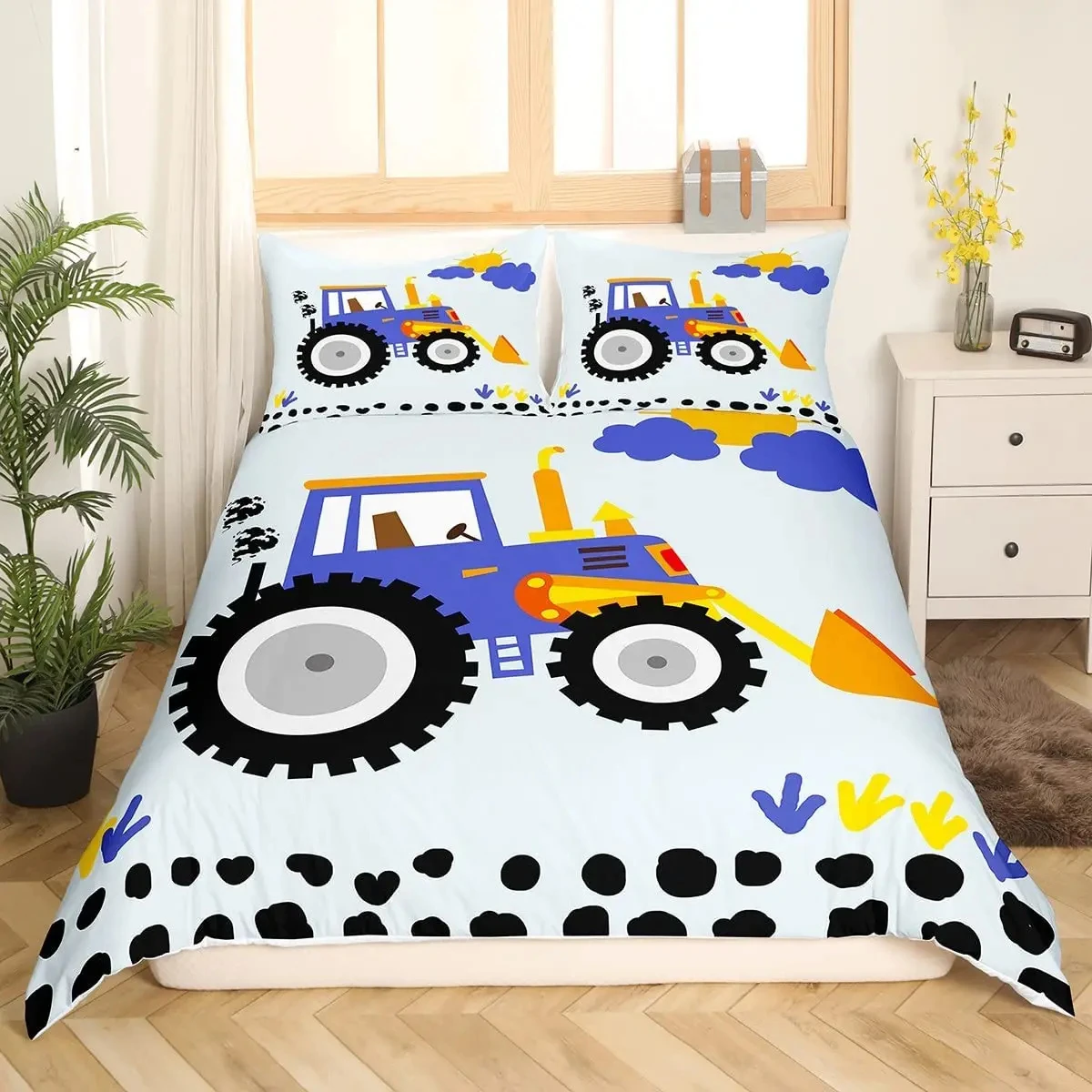 Truck Excavator Bedding Set,Under Construction Comforter Cover,Cartoon Car Duvet Cover Twin Machinery Equipment Bedspread Cover