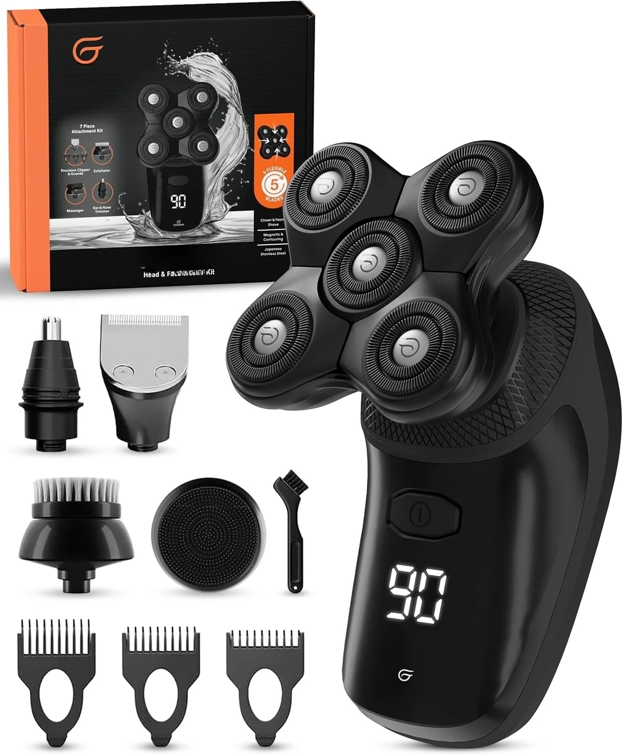 Cordless Head Shaver Kit for Bald Men, Waterproof Complete Grooming Kit Includes Head Shaver, Precision Trimmer, Clipper Guards