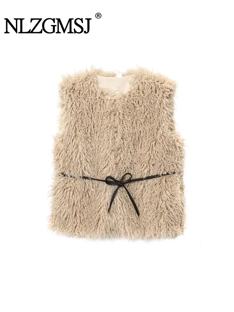 

NZLGMSJ Faux Fur Belt Vests For Women Fashion Fluffy Sleeveless Jackets Female Vest Loose Winter Warm Streetwear Waiscoat Tops