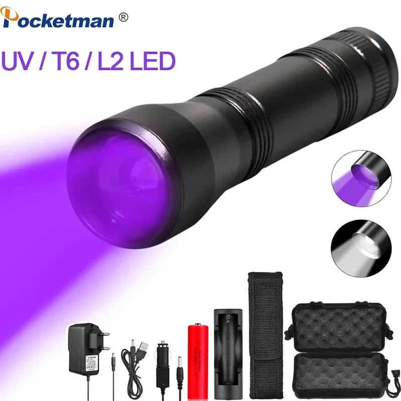 Lámpara LED superbrillante, linterna UV, luz blanca de L-2, 5 modos, con zoom de 395nm, luz negra con batería 18650