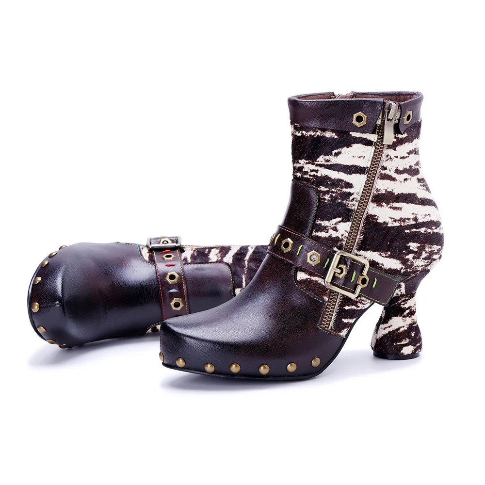 7.7cm Horse Hair Sheepskin Leather Ankle Boots Booties Big Size Spring Autumn Women Moccasins Chimney Chunky Heels Shoes