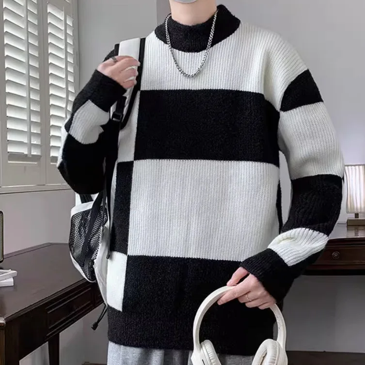 

American Sle Color Blo Knitted Base irt round Ne Men's Sweater Warm Faionable Trendy Autumn Winter New Arrival Brea...