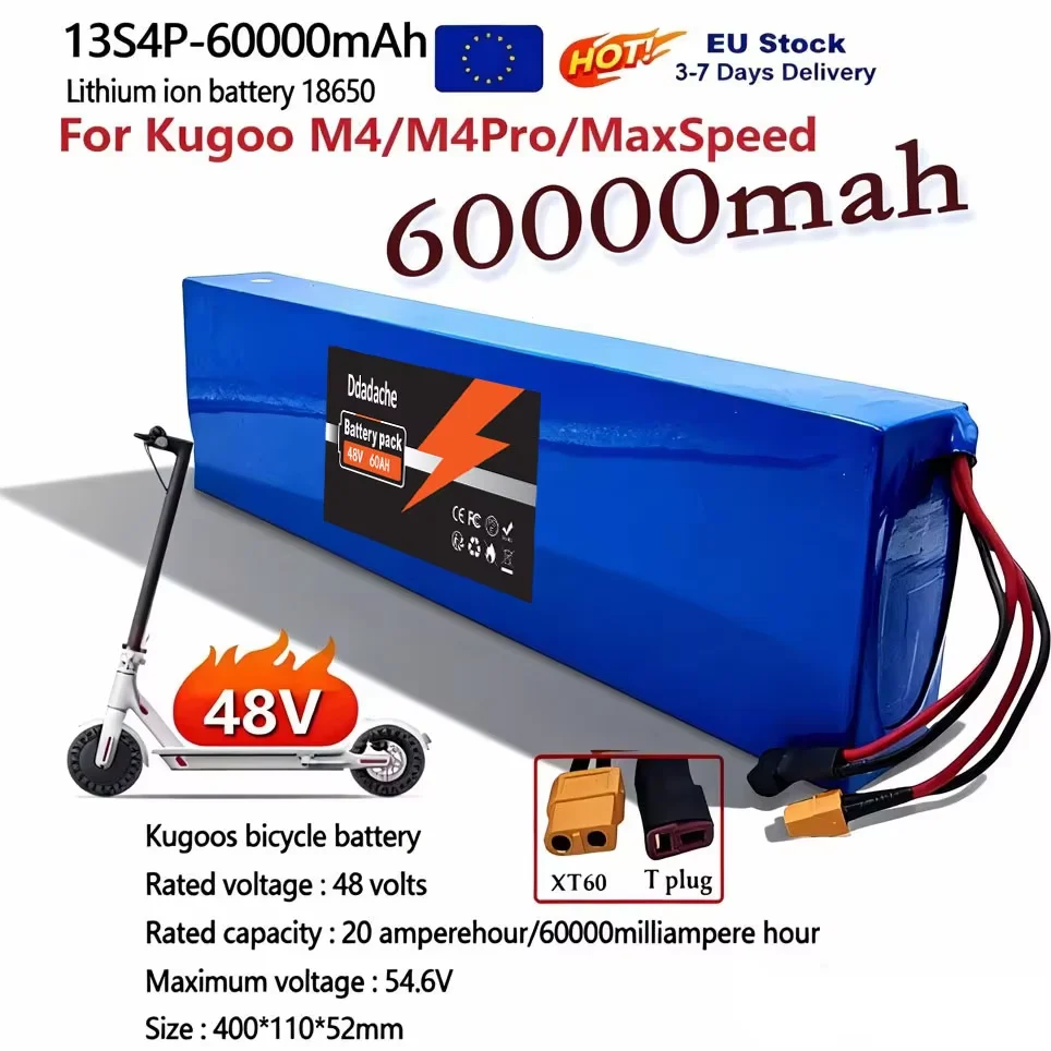 NOUVEAU Pack de batterie lithium-ion 48V 60000mAh pour Kugoo M4/MaxSpeed, 13S4P haute capacité avec BMS intégré, rechargeable