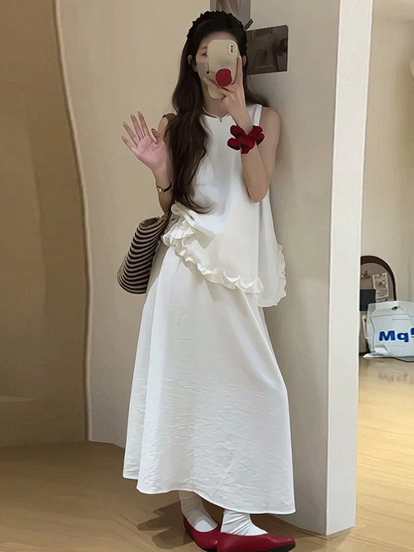 

2025 Summer Fashion High Waist Skirt Set Women's Sleeveless round Neck Top And Skirt Two-Piece Ensemble Korean Style