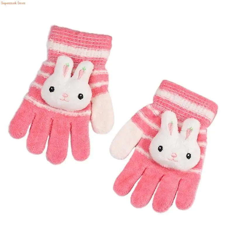 Q5WE Striped Mittens Plush Knitted Gloves Winter Warmer Full Finger Riding Mitten