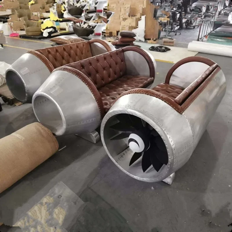

Retro Rivet Furniture Space Aluminum Old Plane Turbine Head Creative Leather Sofa