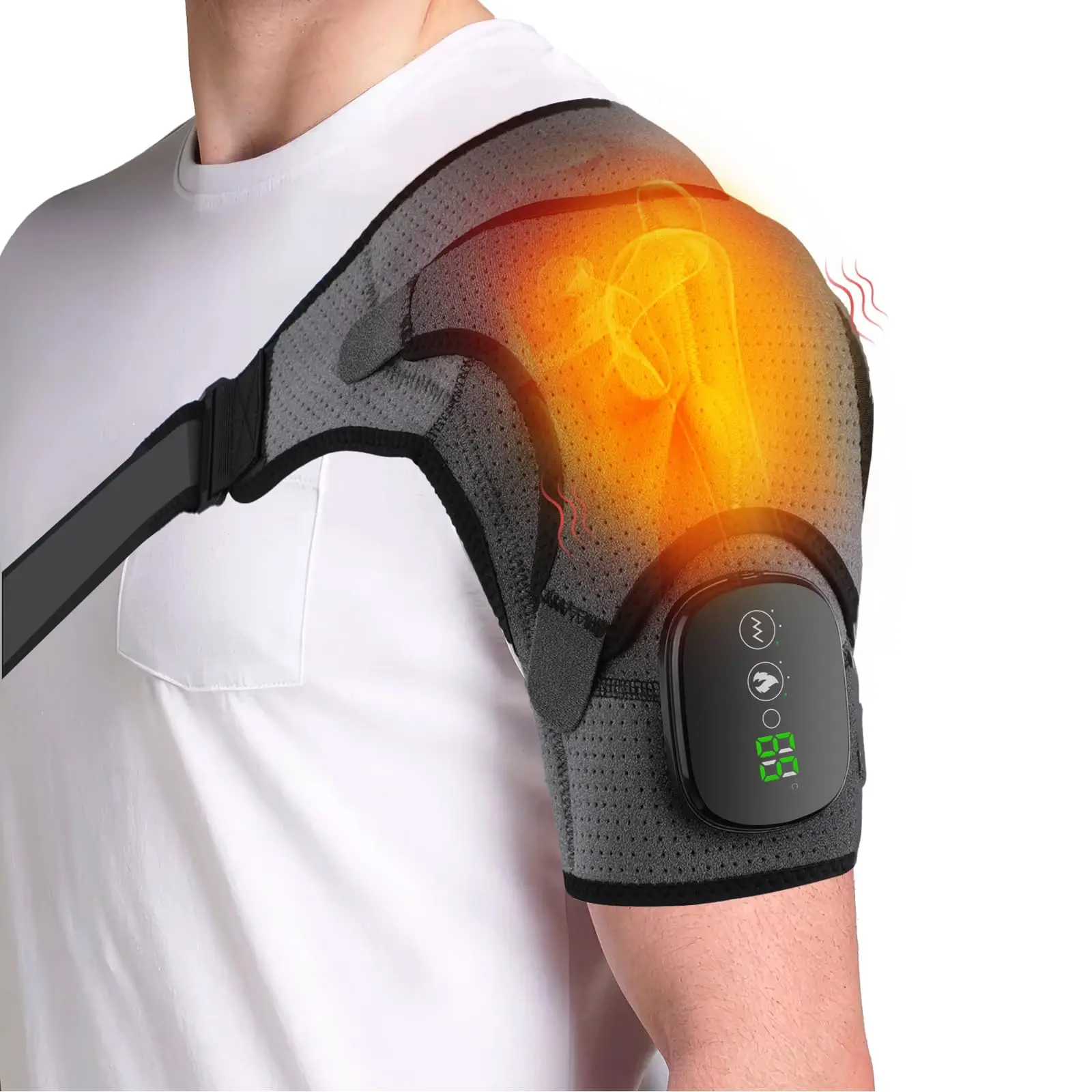 Heated Shoulder Massager: 3 Speed Levels Adjustable Strap for Hands-Free Relief Wireless Massage Pillow - Dual Action Heat