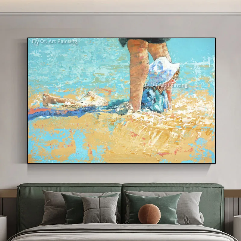 Hand Painted Little Girl Playing In The Water Oil Painting On Canvas Modern Painting Wall Art For Livingroom Bedroom Decoration