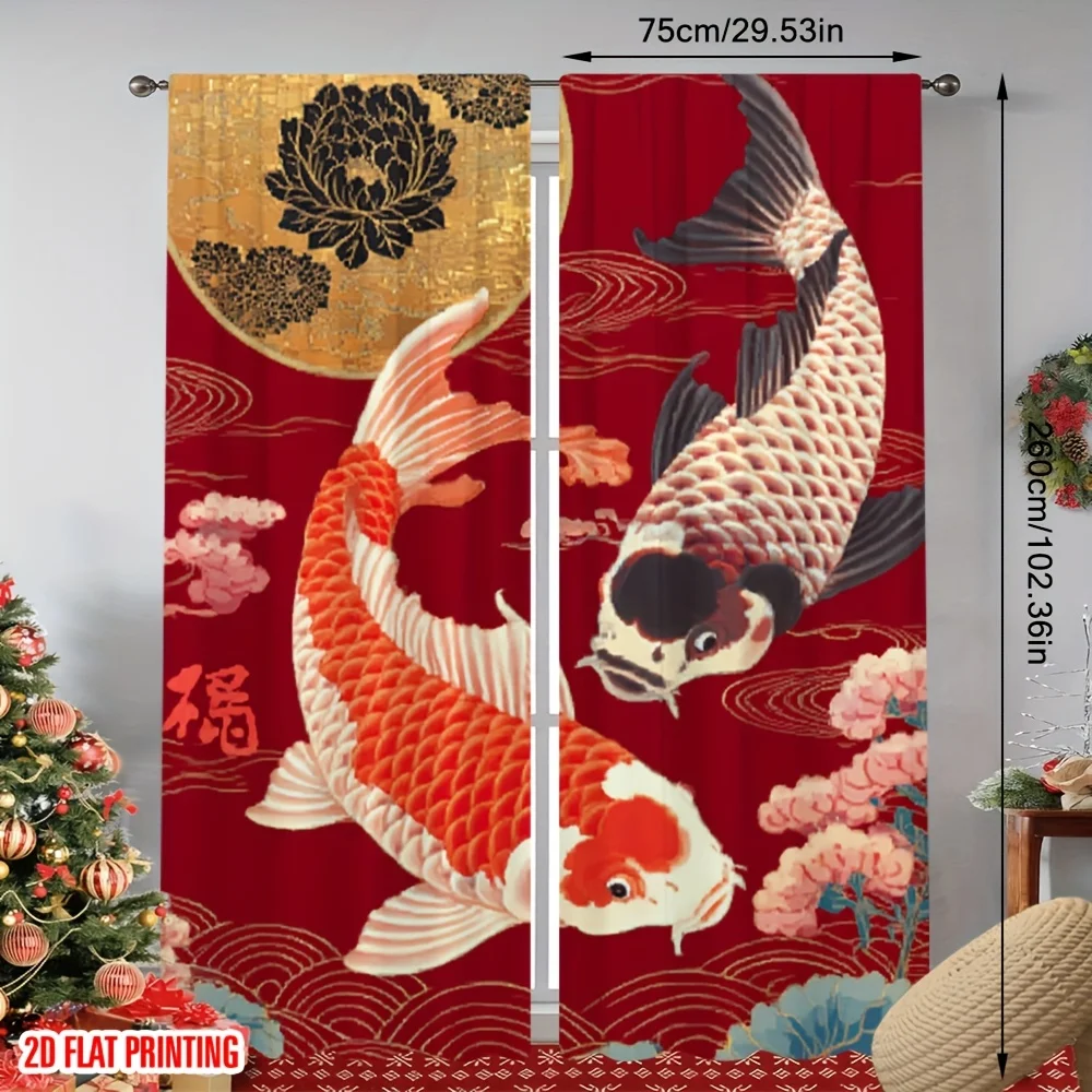 Koi fish harmonious pattern curtains, pole-mounted installation. Suitable for living rooms, bedrooms, dining rooms and hotels.