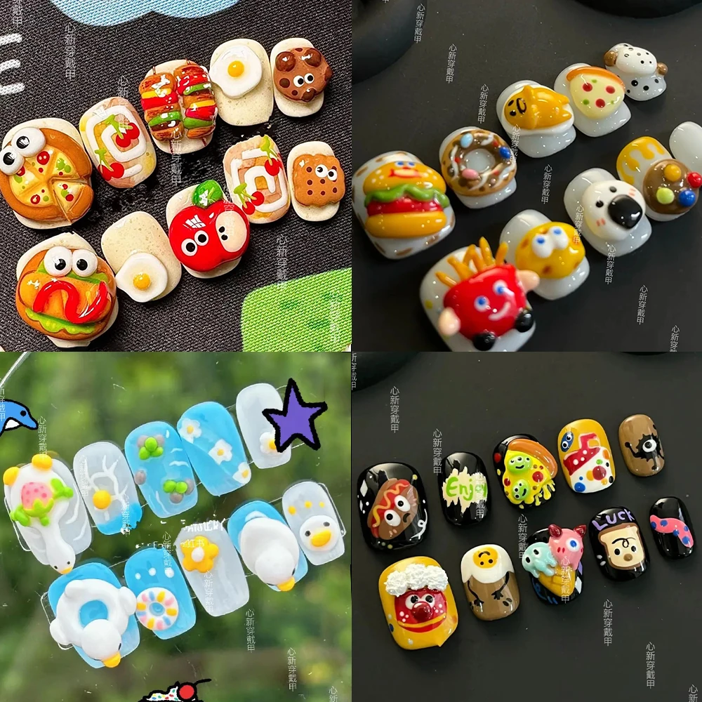 

10Pcs Cute Cartoon Diy Short Round Press On Nails Handmade Cat Paw Hand-Painted Butterfly Full Coverage Wearable Nail Girl Gift