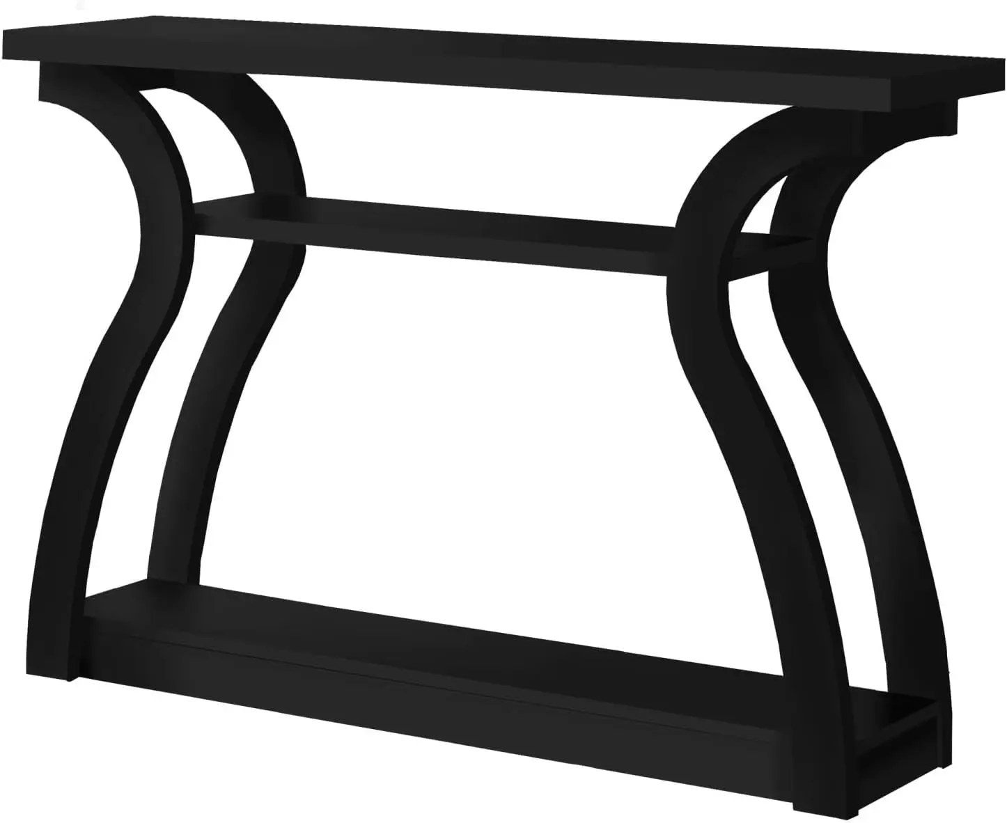 I CONSOLE TABLE, BLACK Three tiered shelf space, open concept design in an elegant black finishUnique and sturdy curved base