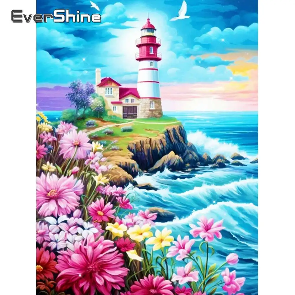 

Evershine DIY Приморская Алмазная Картина Пейзаж Маяк Ремесло Алмазная Мозаика Цветочная Вышивка Декор Для Дома