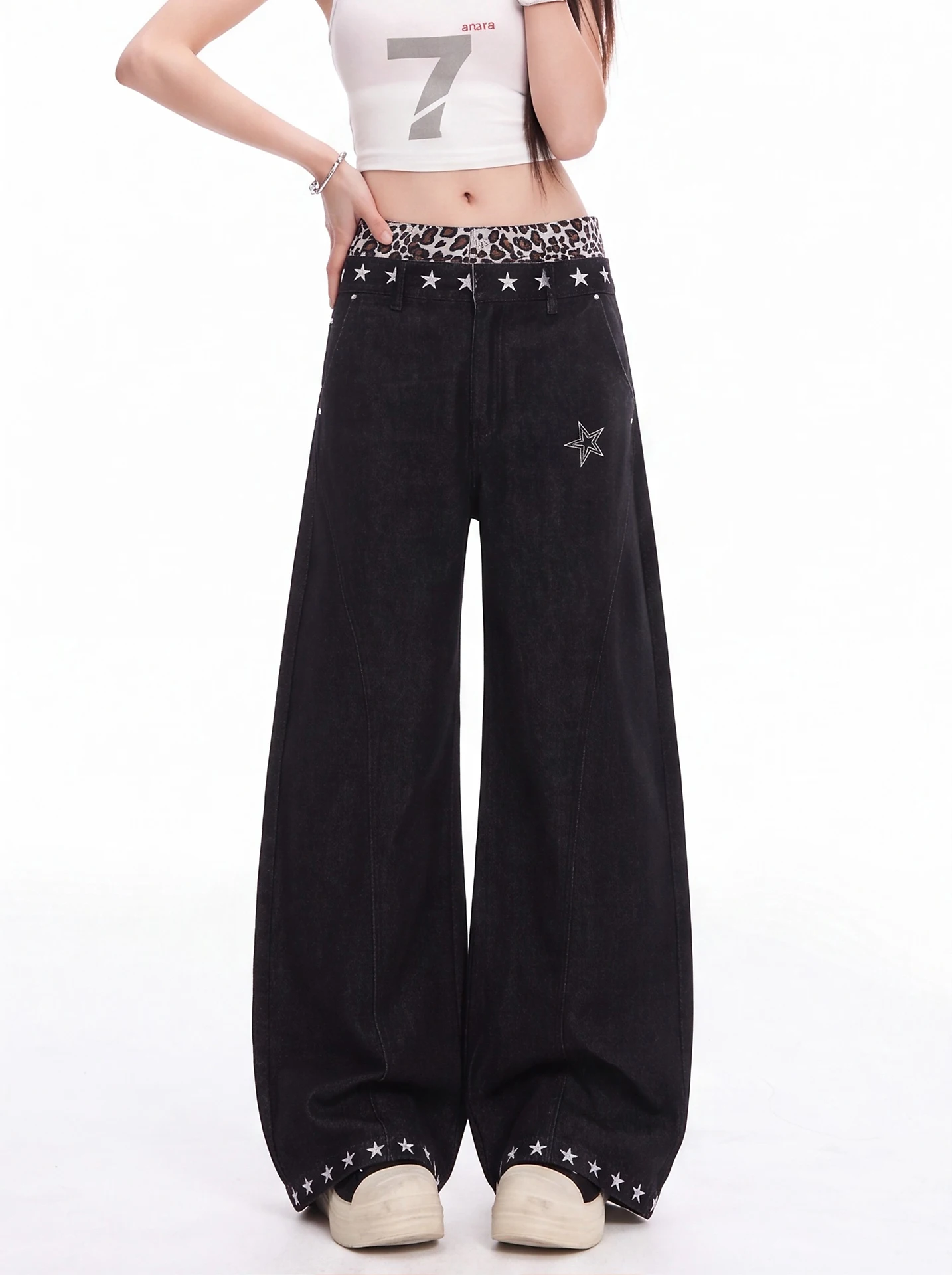 Y2K Star Embroidery Denim Pants Women's Leopard Print High Waist Wide Leg Draping Floor-Length Trendy Casual Cotton Blend