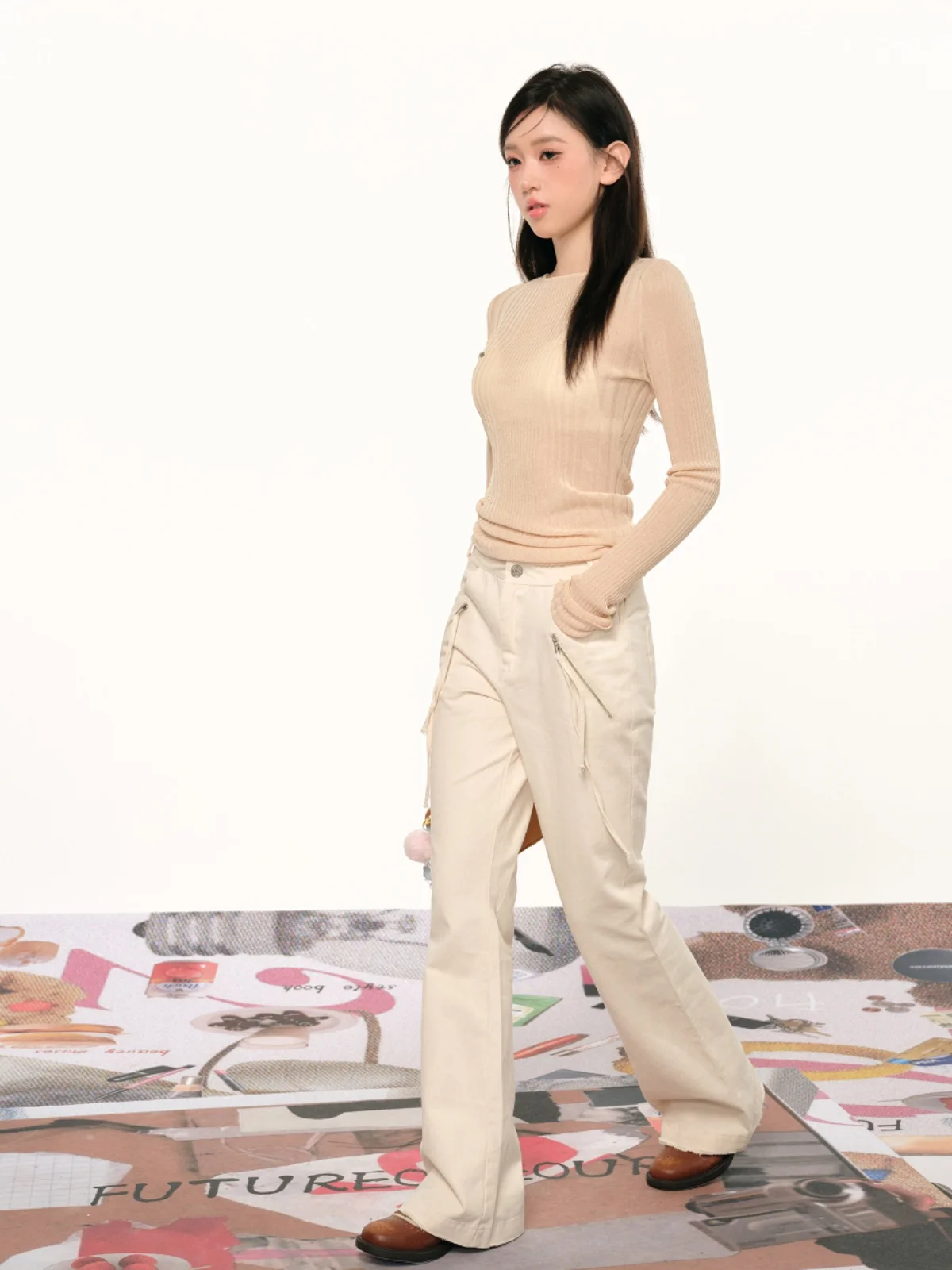 

High Waist Straight Leg Casual Pants Women's Slim Fit Dstring Bell Bot Milk White Original Design Autumn New Sle