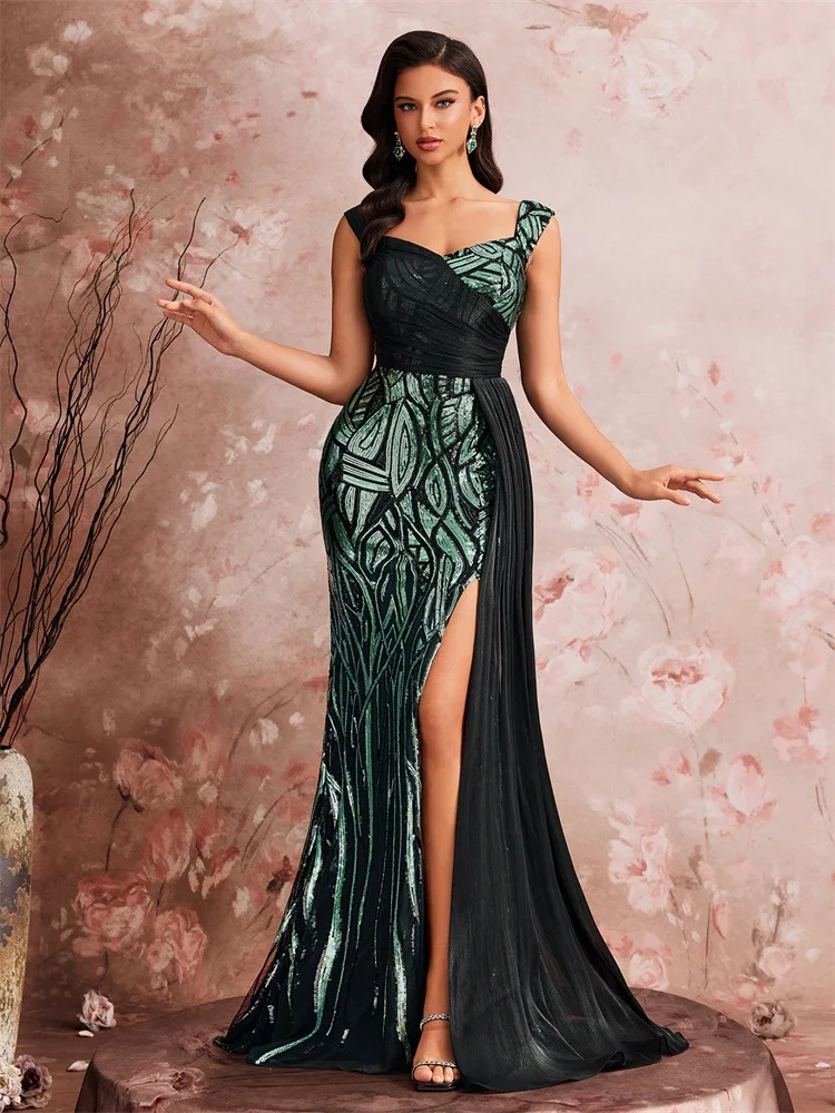 Middle East European and American Elegant Cocktail Party Formal Party Evening Dress Contrast Color Stretch Sequin Ribbon Split