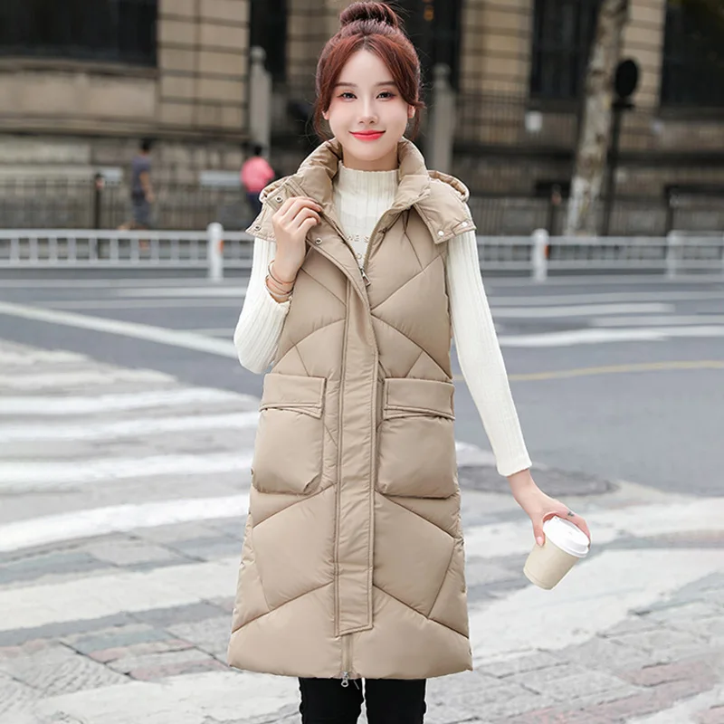 

2023 New Women Long Puffer Vest Autumn Winter Korean Loose Hood Sleeveless Waistcoat Fashion Down Cotton Padded Vest Coat Jacke