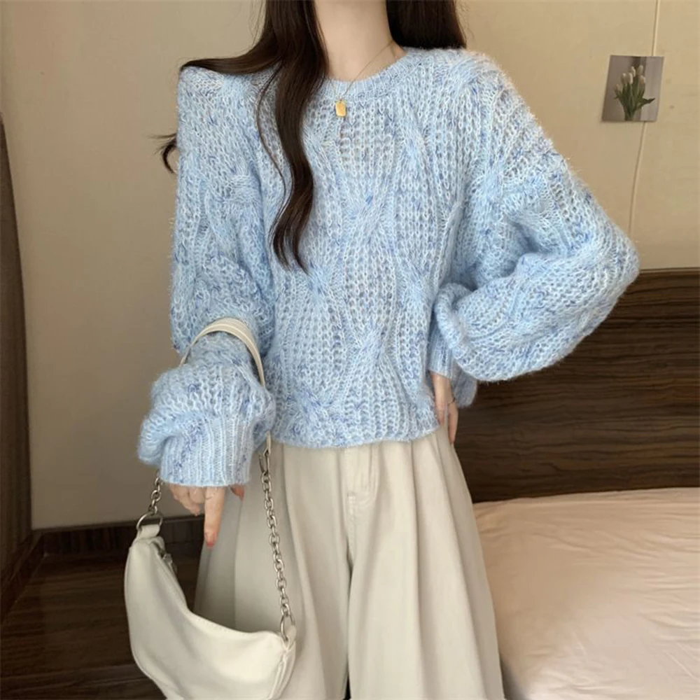 Women Knit Hollow Out Soft Sweater 2025 spring Autumn New lantern Sleeved Pullover Casual Loose Tops Tie-Dyed Female Clothes