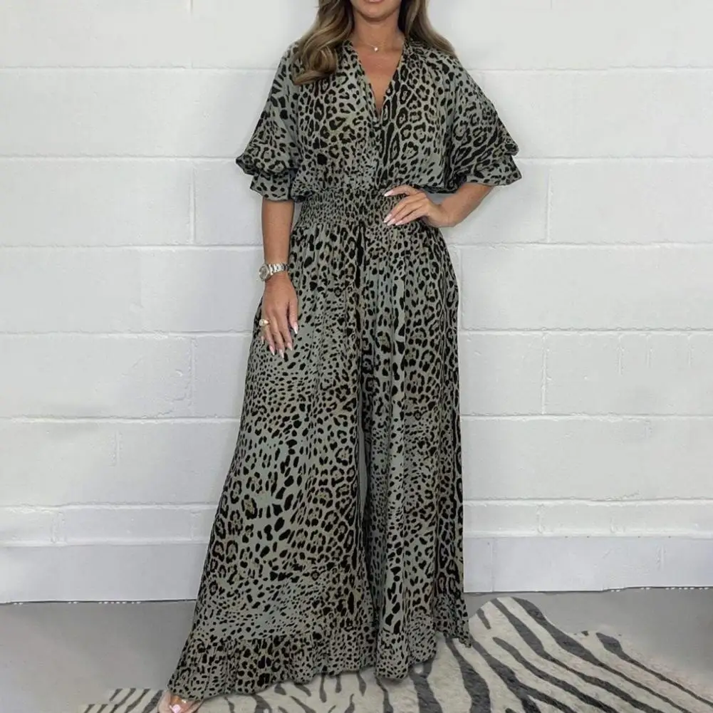 

Women Leopard Print Jumpsuit Slim Waist Jumpsuit Leopard Print Wide Leg Jumpsuit with V Neck Ruffle Detail Stylish Women's for A